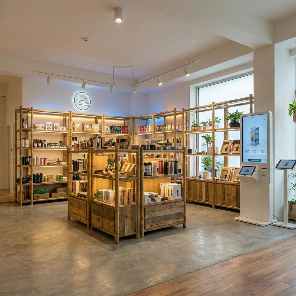 Modern showroom interior design in Dhaka featuring modular display racks, accent LED lighting, and biophilic elements for retail products.